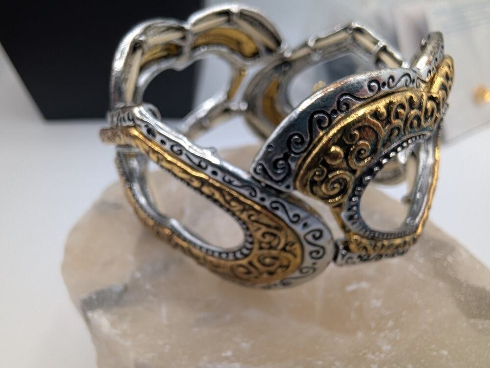 Elegant Gold & Silver Tone Stretch Bracelet Ornate Filigree Fashion Jewelry